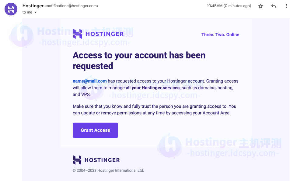 您的客户将其添加到Hostinger中的PRO面板后收到的电子邮件通知